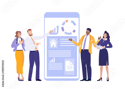 A businessman using a large magnifying glass on a projection screen to reveal information, symbolizing data analysis, investigation, research, attention to detail, and business intelligence in a corpo