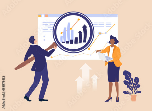 A businessman using a large magnifying glass on a projection screen to reveal information, symbolizing data analysis, investigation, research, attention to detail, and business intelligence in a corpo