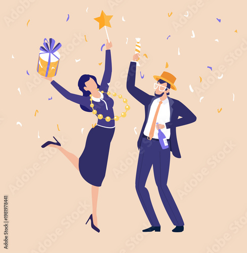 Happy people with gift boxes and confetti, celebrating victory, success, public holidays. Jumping and dancing. revealing positive emotions 