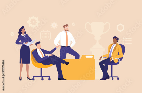  A group of business professionals engaged in conversation and information sharing, representing communication, teamwork, collaboration, networking, and knowledge 