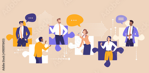 Business professionals represented as puzzle pieces forming a team, symbolizing collaboration, unity, teamwork, connection, and how individual roles fit together to achieve common business goals