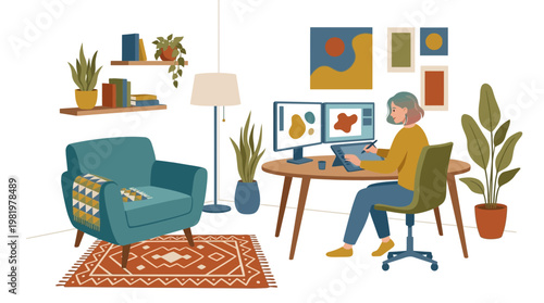 Female digital artist working on graphic tablet in cozy home office