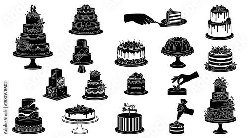 Food Industry Celebration Cakes and Dessert Silhouettes Vector Icon Collection