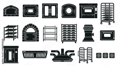 Bakery Equipment Glyph Icons Set - Commercial Ovens, Racks, and Ventilation