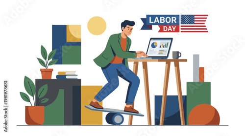 Man Balancing on Board While Working on Laptop for Labor Day