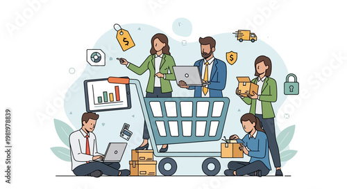 E-commerce, shopping, business, people, vector icons,  illustration, commercial, marketing, retail, teamwork