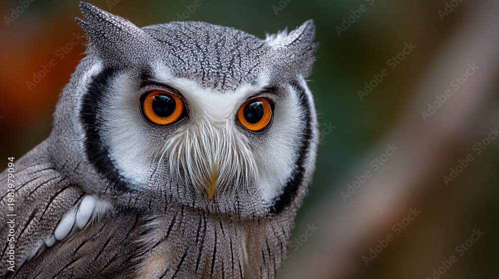 Naklejka premium Close up of a southern white-faced owl's face with orange eyes cute animal wildlife