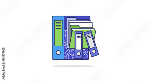 Illustrated binders and folders on white background with digital circuit design