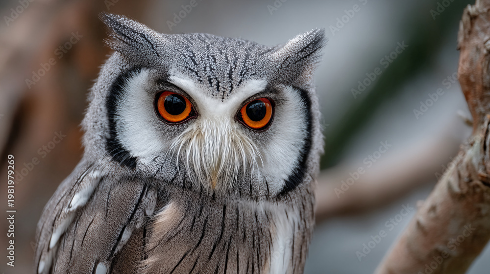 Obraz premium Close-up of a southern white-faced owl with striking orange eyes and detailed feather
