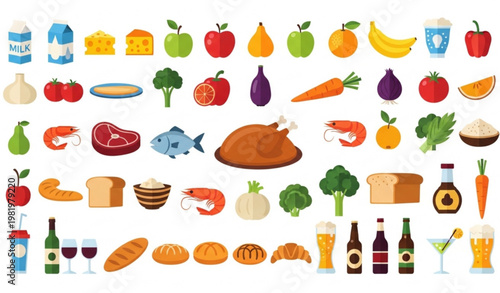 Big Food Icons Bundle Grocery Products Dairy Meat Seafood Bakery Alcohol Flat Design