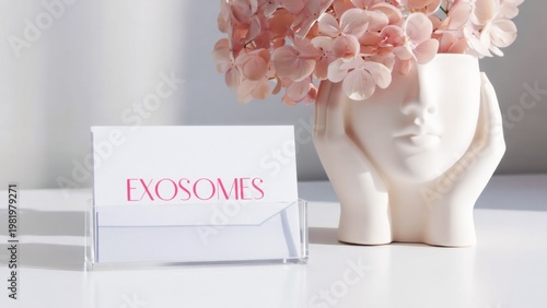 White business card with Exosomes text on aesthetic desk, innovative skincare and regenerative medicine concept, biotechnology in cosmetics, professional aesthetic clinic branding, luxury wellness