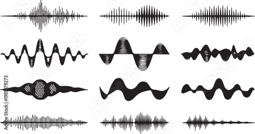 Abstract sound wave patterns and audio frequency illustrations isolated on transparent background