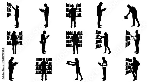 Silhouette of people reading and selecting books from shelves