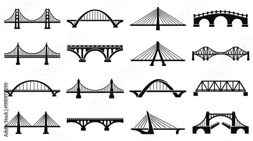 Black and White Icons of Various Bridge Designs, Construction Vector Art