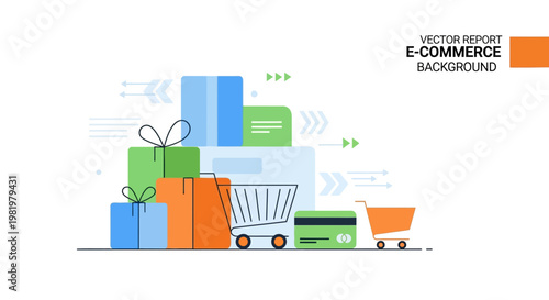 E-commerce, online shopping, vector background, commercial report, shopping cart, gift boxes