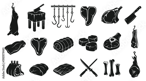 Butcher icons: meat cuts, knives, hooks, bones, Black  White Glyph art