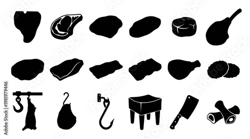 Butcher shop icons: meat, cleaver, hook, chopping block, bones, Black  White Glyph