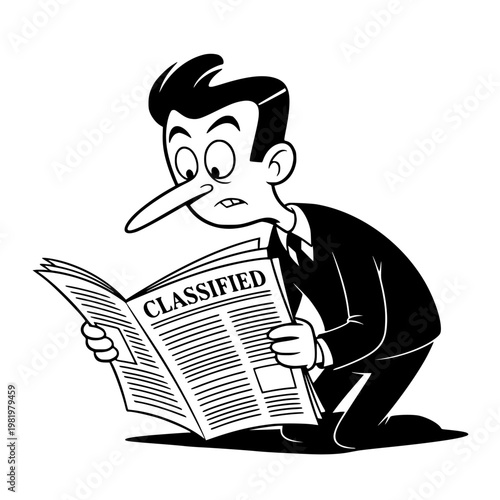 Cartoon Man With A Long Nose Carefully Reading A Classified Newspaper Vector Illustration Graphic Design Depicting Secrets, Lies, Truth, And Critical Information Discovery.