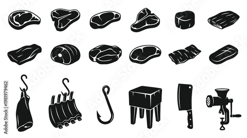 Black  White Glyph Icons of Meat Products and Butchery Tools