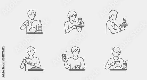 People serving beverages and food in line art illustration on white background