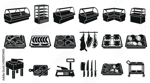 Black and White Glyphs of Butchery and Food Display Equipment
