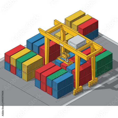 Isometric View of a Container Crane Lifting Cargo.