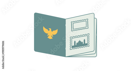 Illustrated passport open showing stamps and emblem on white background