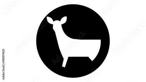 Minimalist roe deer logo in circle, abstract geometric doe or fawn silhouette icon, modern wildlife vector mascot isolated on black