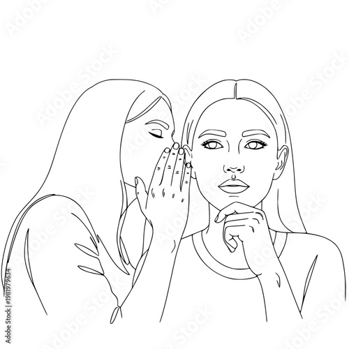 Vector illustration of two women whispering a secret, symbolizing confidential communication, rumors, gossip, and discreet information exchange in a simple graphic design.