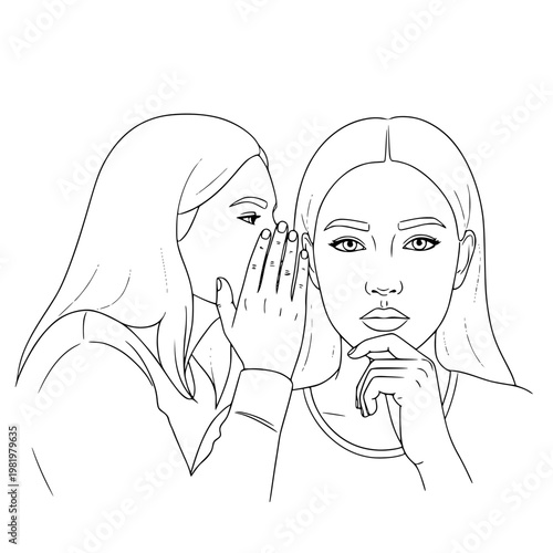 Two women sharing a secret in a clean vector line art illustration. Minimalist graphic design depicting confidential communication, gossip, and private information exchange between friends.