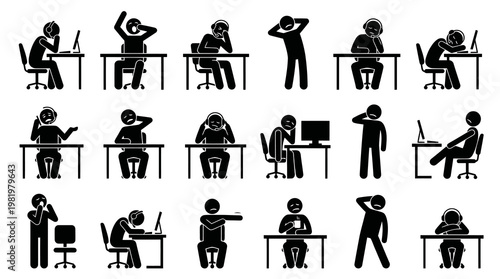 Frustrated Stick Figures at Desks, Exhausted Office Workers, Stress Line Art