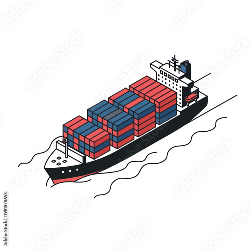 Isometric Cargo Ship Carrying Shipping Containers on the Ocean.