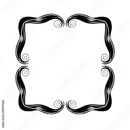 Ornamental flourish frame vector illustration featuring an elegant black border design with swirling decorative corners isolated on a transparent background for professional graphic layout and page .