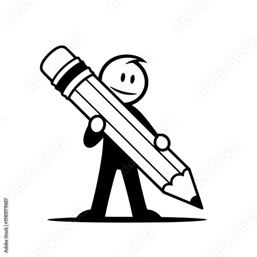Stick figure holding giant pencil vector illustration showing a cartoon character standing with a large writing tool for creative concepts isolated on a plain white background design