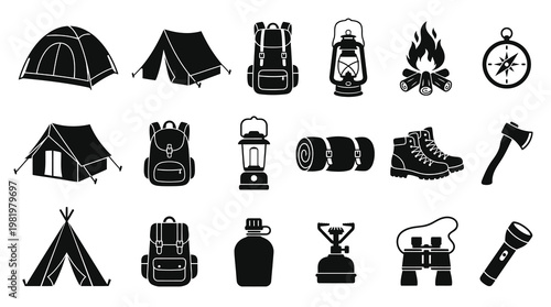 Outdoor Camping Adventure Gear Glyph Icons Set. Black and White Wilderness Equipment Elements.