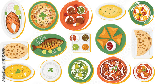 Delicious Indian Cuisine Vector Set with Dishes like Curry, Grilled Fish, Naan, and Samosas
