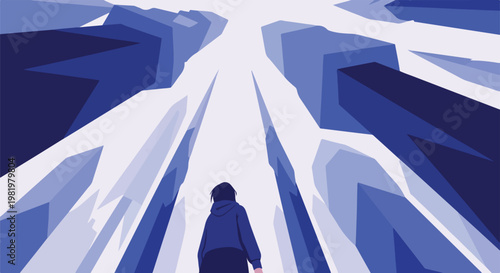 person walking alone in abstract blue tunnel or canyon landscape