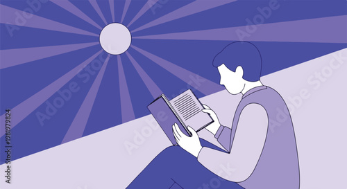person reading book under sun rays, purple illustration