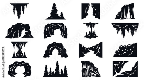 Black and White Cave Silhouettes Vector Icon Set