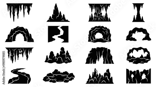 Nature Environment Geological Caves and Rock Formations Silhouette Vector Icons Set