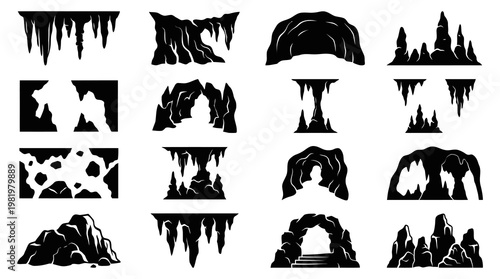 Nature Geology Cave and Rock Formation Silhouettes Vector Icons Collection