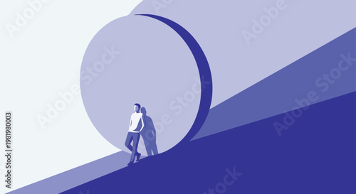 man pushing large cylinder uphill, struggle, determination