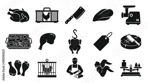 Black and White Chicken Meat Icons Set