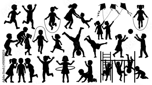 Children Playing Silhouettes Vector Graphic Set - Childhood, Education  Recreation Activities