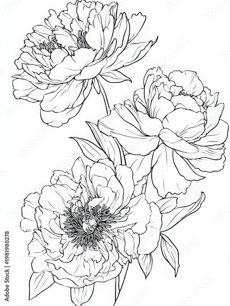 Fototapeta premium Elegant black and white line art of peony flowers with intricate petal details on white background, botanical floral illustration for coloring pages, tattoo design, and wedding invitation decor
