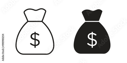 Money bag icon editable vector pack. Black flat and line symbols