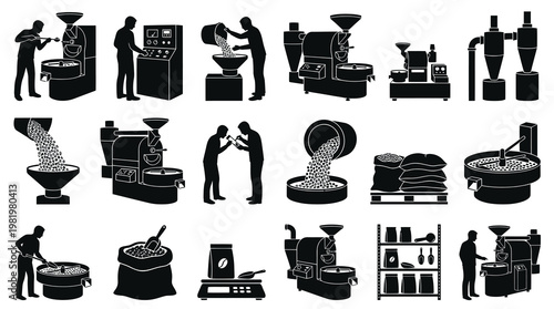 Coffee Roasting Process Black White Glyph Icons Set for Bean Production and Quality Control
