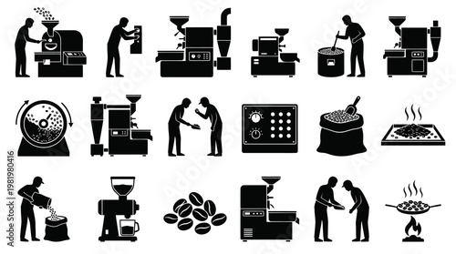 Coffee Production and Roasting Process Black and White Vector Glyph Icons Set
