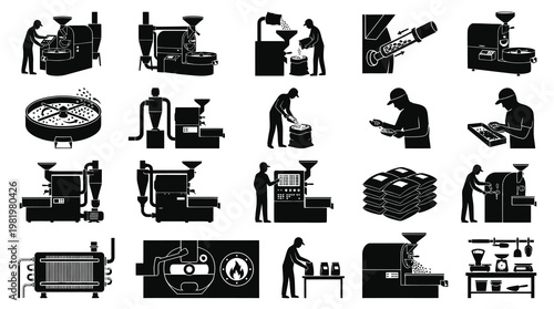 Coffee Roasting Machine Icons: Industrial Process, Equipment, Glyph Art