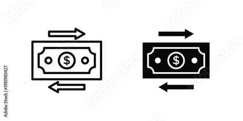 Money Transfer icon editable vector pack. Black flat and line symbols